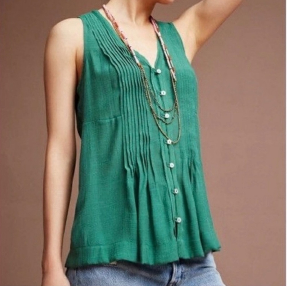 Anthropologie Maeve‎ Size XL Green Saona Pintuck Pleated Sleeveless